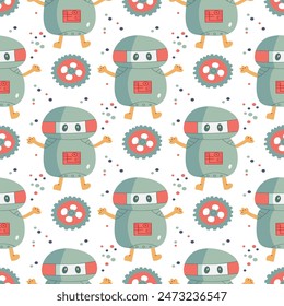 Set of happy funny cartoon childish robots wave. Cute kid cyborgs, retro, futuristic modern bots, android, smiling characters in flat vector illustration.