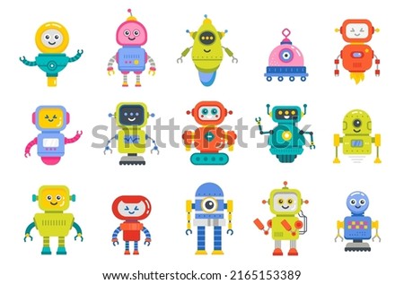 Set of happy funny cartoon childish robots wave hand, say hello. Cute kid cyborgs, retro, futuristic modern bots, android, smiling characters isolated on white background. Vector illustration