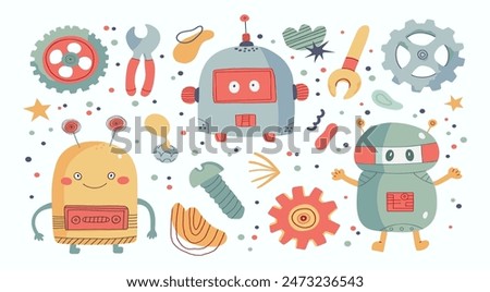 Set of happy funny cartoon childish robots wave. Cute kid cyborgs, retro, futuristic modern bots, android, smiling characters in flat vector illustration.