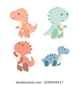 Set of Happy Funny Dino Dinosaur Animal Cartoon Character in Forest