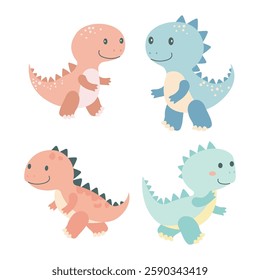 Set of Happy Funny Dino Dinosaur Animal Cartoon Character in Forest