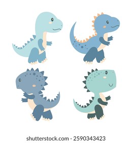 Set of Happy Funny Dino Dinosaur Animal Cartoon Character in Forest