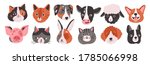 Set of happy funny domestic animals or farm pet. Different faces, muzzles, heads or avatars. Cats, dogs, sheep, cow, pig, rabbit or hare. Flat vector cartoon illustration isolated on white background
