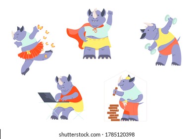 Set of Happy funny rhino dancing, doing exercising, working, in superhero costume. Cute character collections isolated on white. Flat Art Vector Illustration