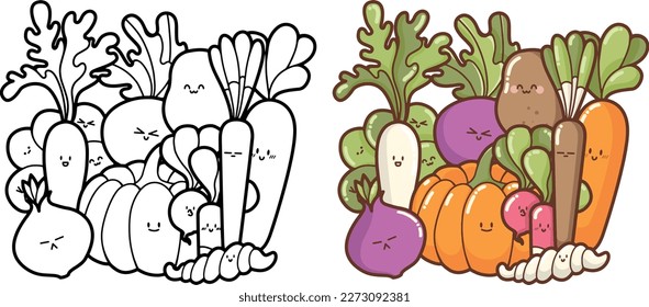 "Set of happy and funny vegetables"  outlines, contours - nice design for logo, patch, stickers, icon, illustration for coloring books, kawaii and cute veggies collection