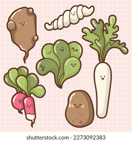 "Set of happy and funny vegetables"  outlines,  - nice design for logo, stickers, cards, recipes,  kawaii and cute veggies collection, with a cute background - potato, radish, lamb's salad, parsnip