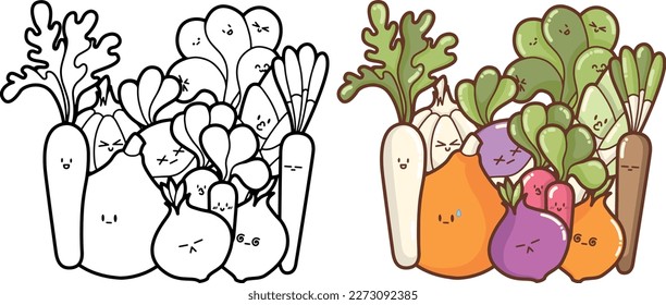 "Set of happy and funny vegetables"  outlines, contours - nice design for logo, patch, stickers, icon, illustration for coloring books, kawaii and cute veggies collection