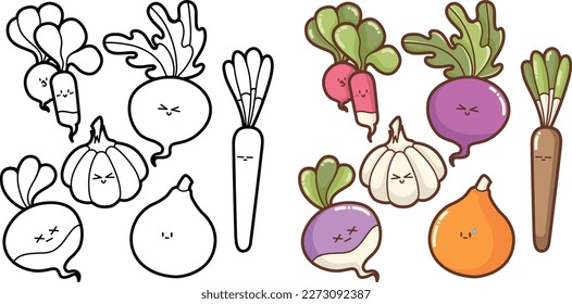 "Set of happy and funny vegetables"  outlines, contours - nice design for logo, patch, stickers, icon, illustration for coloring books, kawaii and cute veggies collection