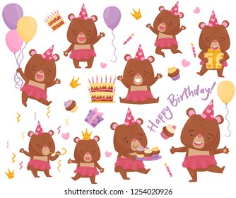Set of happy girl bear in different actions. Adorable humanized animal. Flat vector elements for Birthday postcard