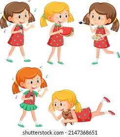 Set of happy girl cartoon character illustration