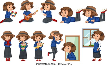Un grupo de chicas felices haciendo diferentes actividades ilustrativas