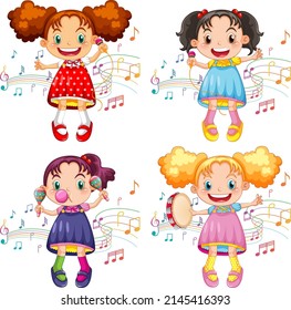 Set of happy girl with music instruments illustration