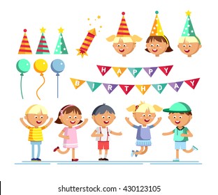 Set of happy girls and boys, balloons, birthday party hats, slapstick. Children patry. Birthday party. Young male and female cartoon character in white background. Happy childhood. Party kids.