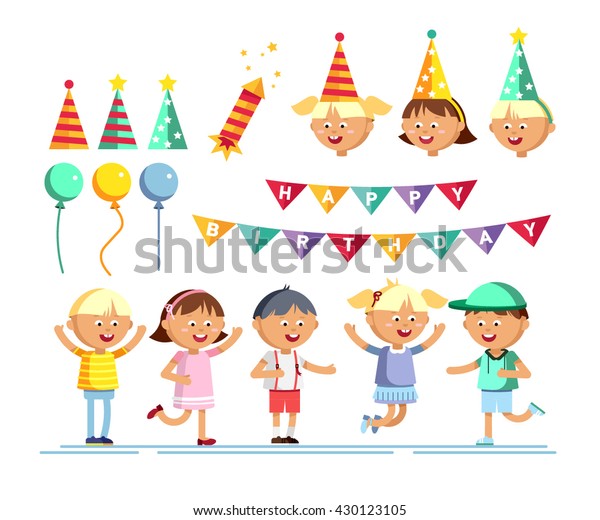 Set Happy Girls Boys Balloons Birthday Stock Vector Royalty Free