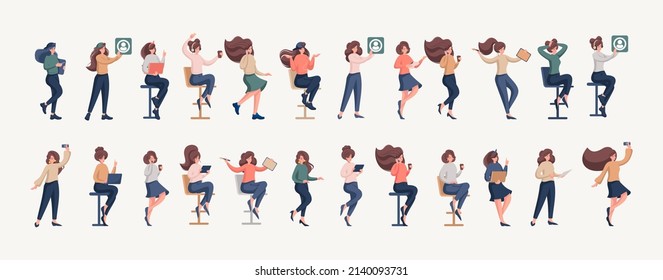 Set of happy girls demonstrating the joy of work, draws, works at a laptop, composes poems, programs. Color flat vector illustration.