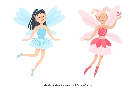 Set of happy girls elves in blue and pink dress with wings vector illustration