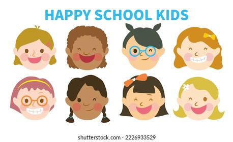 Set of happy girls faces with different hair and skin color. Multiethnic smile children collection. Isolated vector illustration of school kids. Happy school day with friends.Girls vector collection.