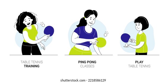 Set of happy girls ping pong players in sports outfit. Female characters playing table tennis hitting ball with racket at physical training or school sport class cartoon thin line vector illustration