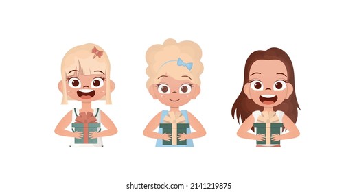 A set of happy girls who hold a gift in their hands. Drawing in cartoon style. Vector.