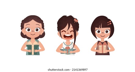 Set of happy girls who are holding a gift. Drawing in cartoon style. Vector.