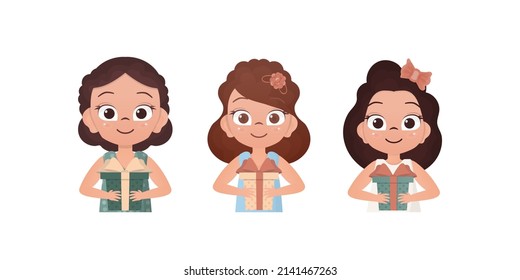 Set of happy girls who are holding a gift. Drawing in cartoon style. Vector illustration.