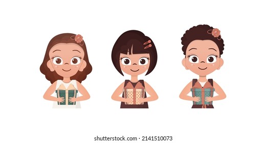 Set of happy girls who are holding a gift in their hands. Drawing in cartoon style. Vector.