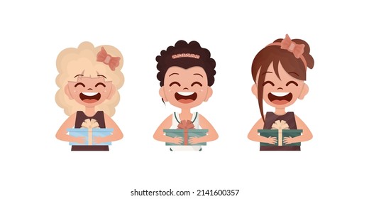 A set of happy girls who are holding a gift. Drawing in cartoon style. Vector illustration.