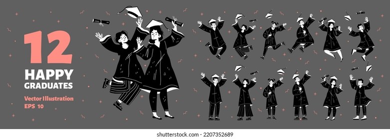 Set of happy graduate student, characters in gowns and academic caps jump, rejoice and cheer up for getting diploma and degree, end of university education, Linear flat vector monochrome illustration