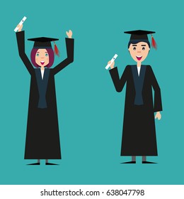 Set of happy graduated students. Vector. Flat design illustration of happy young people with diploma.