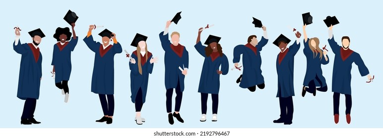 Set of happy graduating students on light background