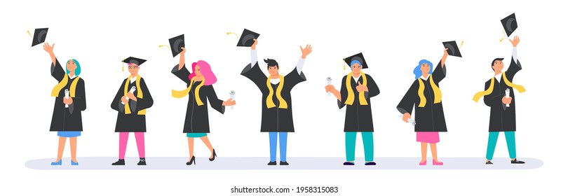 Set of happy Graduation people wearing academic gown