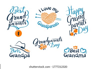 Set Happy Grandparents Day Emblems, Labels, Icons and Signs with Lettering for Greeting Card, Banner, T-shirt or Logo Design. Best Grandpa, Grandma for Social Media or Print. Vector Illustration