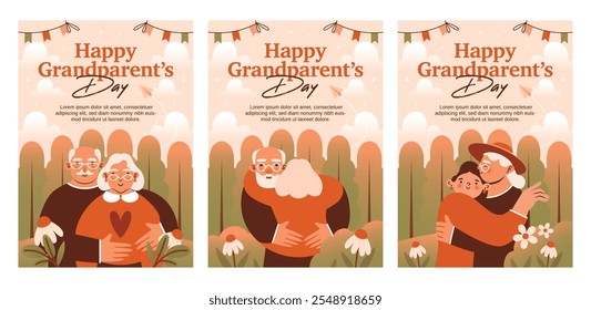 Set of Happy Grandparent's Day poster templates design. Banners with illustrations of old couple, senior woman, senior man, granddaughter, hugs on nature background. Cute vector card with text. 