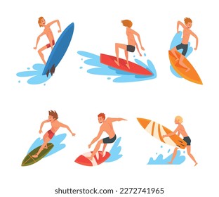 Set of happy guys in swimwear surfing in sea or ocean set. Surfers in beachwear riding surfboards cartoon vector illustration