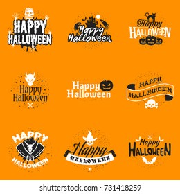 Set of happy Halloween badges or labels. Vector design elements for greetings card, party flyer and promotional materials. Vector illustration