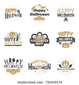 Set of happy Halloween badges or labels. Vector design elements for greetings card, party flyer and promotional materials. Vector illustration