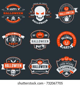 Set of happy Halloween badges or labels. Vector design elements for greetings card, party flyer and promotional materials. Vector illustration
