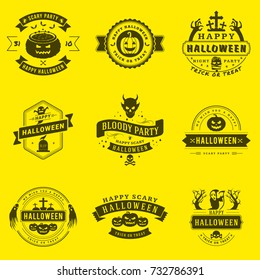 Set of happy Halloween badges or labels. Vector design elements for greetings card, party flyer and promotional materials. Vector illustration