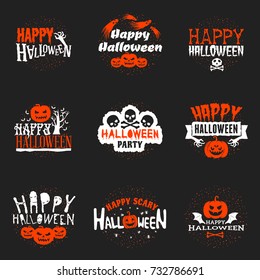 Set of happy Halloween badges or labels. Vector design elements for greetings card, party flyer and promotional materials. Red and white color theme. Vector illustration