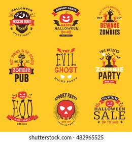 Set of Happy Halloween Badges, Stickers, Labels. Design Elements for Greetings Card or Party Flyer. Vector Illustration. Decoration Elements