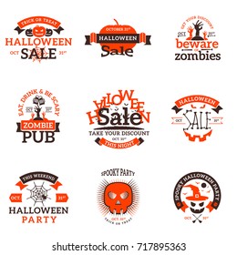 Set of happy Halloween badges. Vector design elements for greetings card, party flyer and promotional materials. Vector illustration