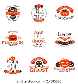 Set of happy Halloween badges. Vector design elements for greetings card, party flyer and promotional materials. Vector illustration
