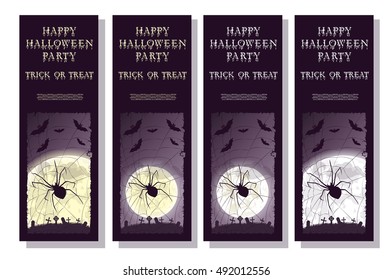 Set of Happy Halloween banner or flyer on holiday party with scary large spider, big moon and monster bats on gradient background. Bloody letters. Cartoon style. Vector illustration