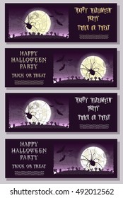 Set of Happy Halloween banner or flyer on holiday party with scary large spider, big moon and monster bats on gradient background. Bloody letters. Cartoon style. Vector illustration