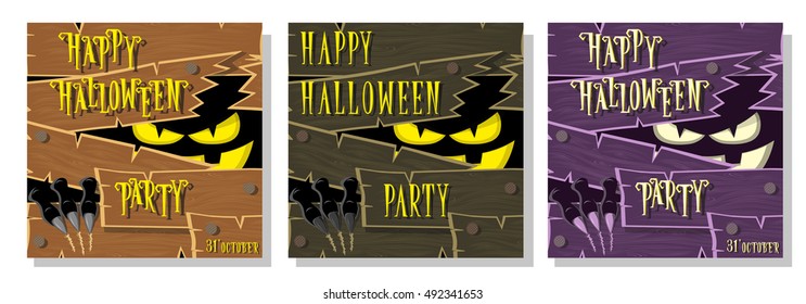 Set of Happy Halloween banner: monster with scary eyes broken wooden wall from boards and looks out of darkness. Vector illustration in cartoon style. Concept poster, flyer or cards on holiday party.