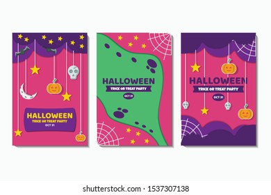 Set of Happy Halloween banner or party invitation background Vector illustration. Scary banners with night clouds, abstract liquid, moonlight, flying bats, and etc. Modern Flat Style Place for text.