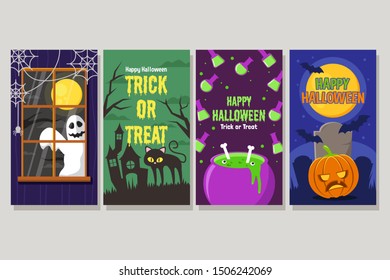 Set of happy halloween banner with peeking ghost, cat, chemical pot and pumpkin