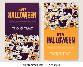 Set of Happy Halloween Banner with 
pumpkins, ghosts, candy, witch broom, bats, cobwebs, skulls, bones, headstones, witch hats. Flat icon. Vector Illustration