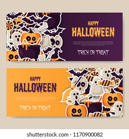 Set of Happy Halloween Banner with 
pumpkins, ghosts, candy, witch broom, bats, cobwebs, skulls, bones, headstones, witch hats. Flat icon. Vector Illustration