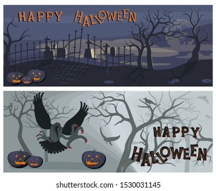Set of Happy halloween banner template. Ghost and zombie on Scary Halloween background with old cemetery and moonlit night. Flat Art Vector illustration